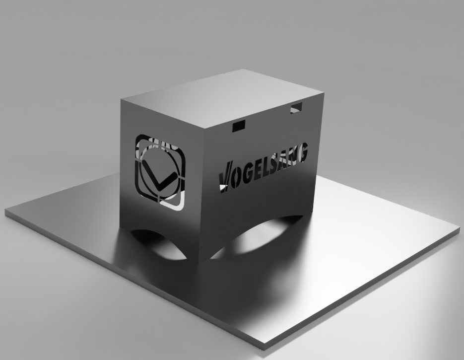vogelsang table render Metallic box with Vogelsang logo, industrial design.